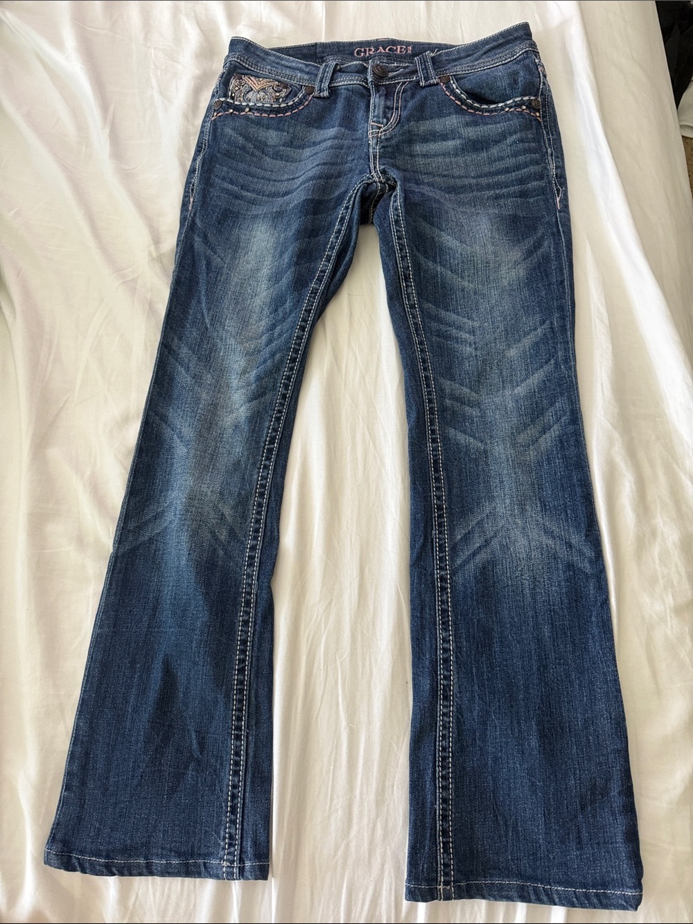Grace in LA Women's Indigo Flared Jeans with Embroidered Pockets